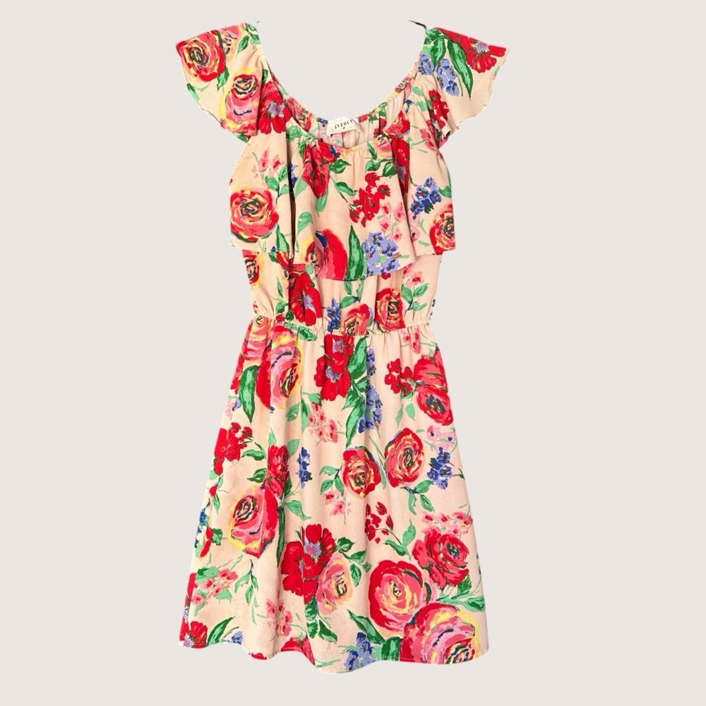 Everly Floral Ruffle Summer Dress in Cream, Red & Green